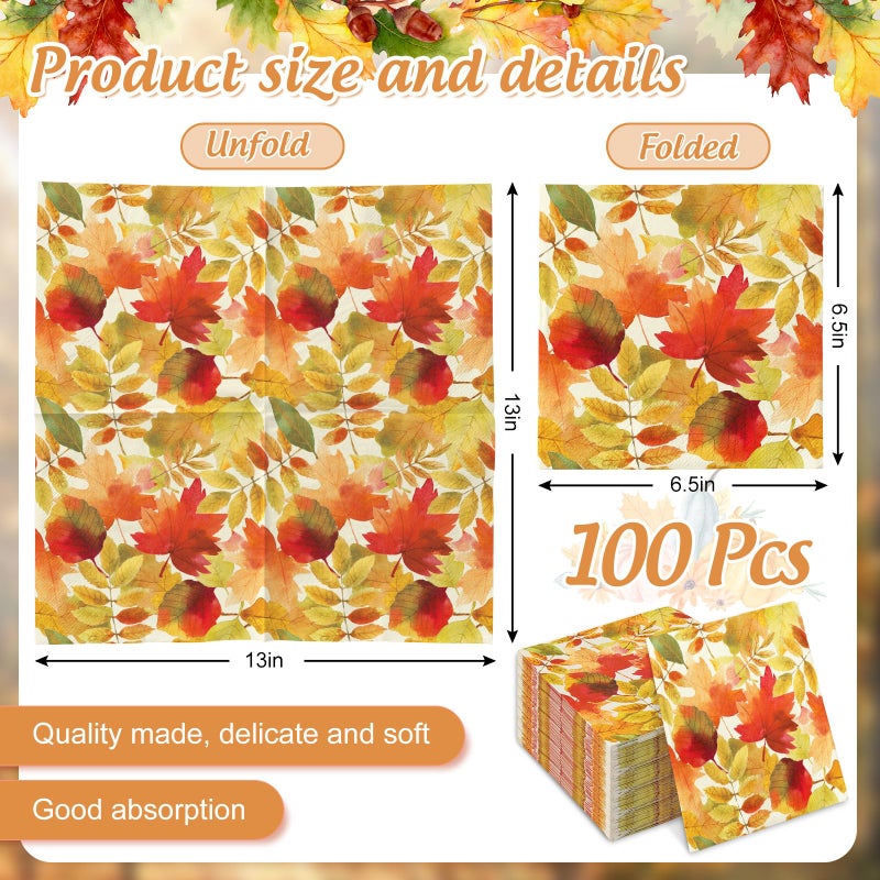 JarThenaAMCS 100 Pcs Fall Leaves Paper Napkins Autumn Maple Leaf Disposable Napkins Watercolor Luncheon Dinner Napkin for Thanksgiving Wedding Birthday Party Table Supplies - Image 2